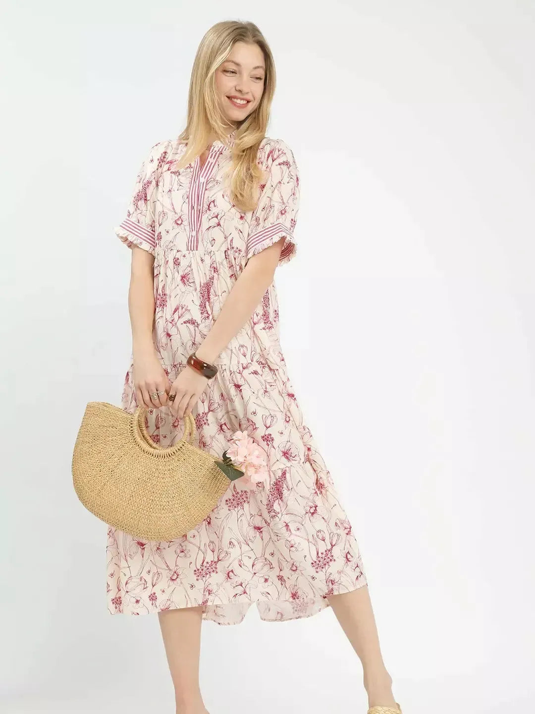 Umgee Rosy Reverie Floral Tiered Midi Dress with Ruffle Trim-Women's Dresses-Shop Z & Joxa