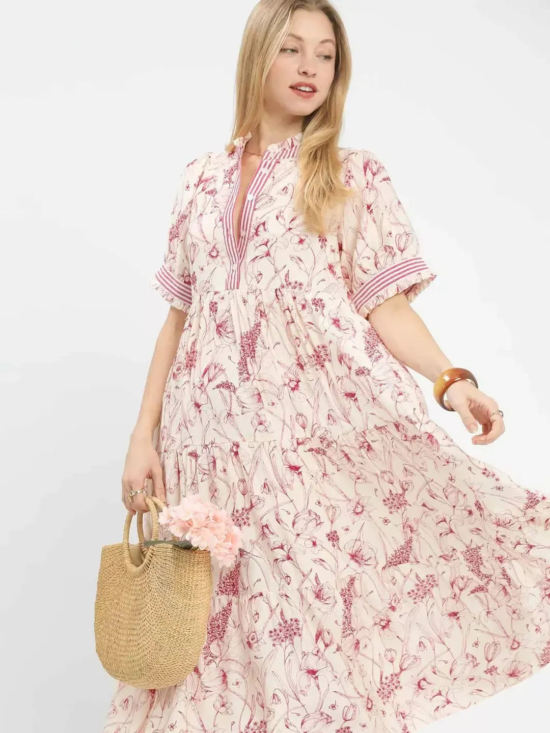 Umgee Rosy Reverie Floral Tiered Midi Dress with Ruffle Trim-Women's Dresses-Shop Z & Joxa