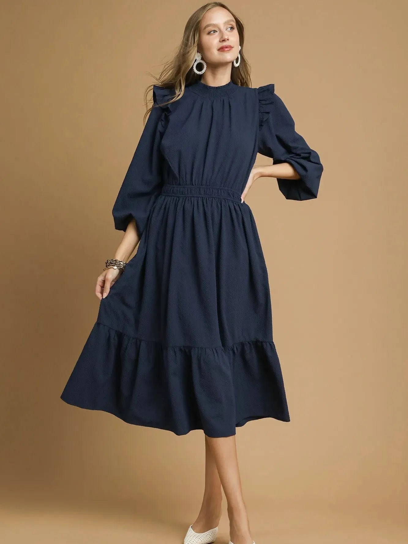 Umgee Ruffle Charm Textured Midi Dress with Ruffles-Women's Dresses-Shop Z & Joxa