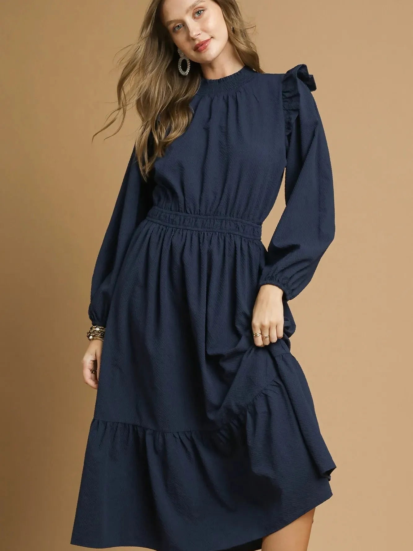 Umgee Ruffle Charm Textured Midi Dress with Ruffles-Women's Dresses-Shop Z & Joxa