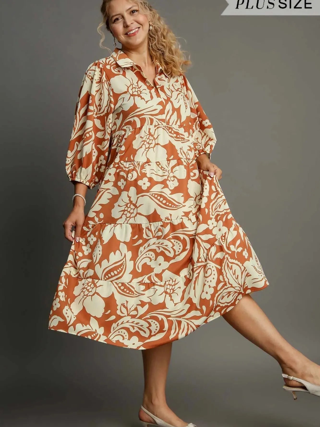 Umgee Rust Romance Tiered Long Sleeve Midi Dress-Women's Dresses-Shop Z & Joxa