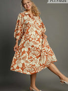Umgee Rust Romance Tiered Long Sleeve Midi Dress-Women's Dresses-Shop Z & Joxa