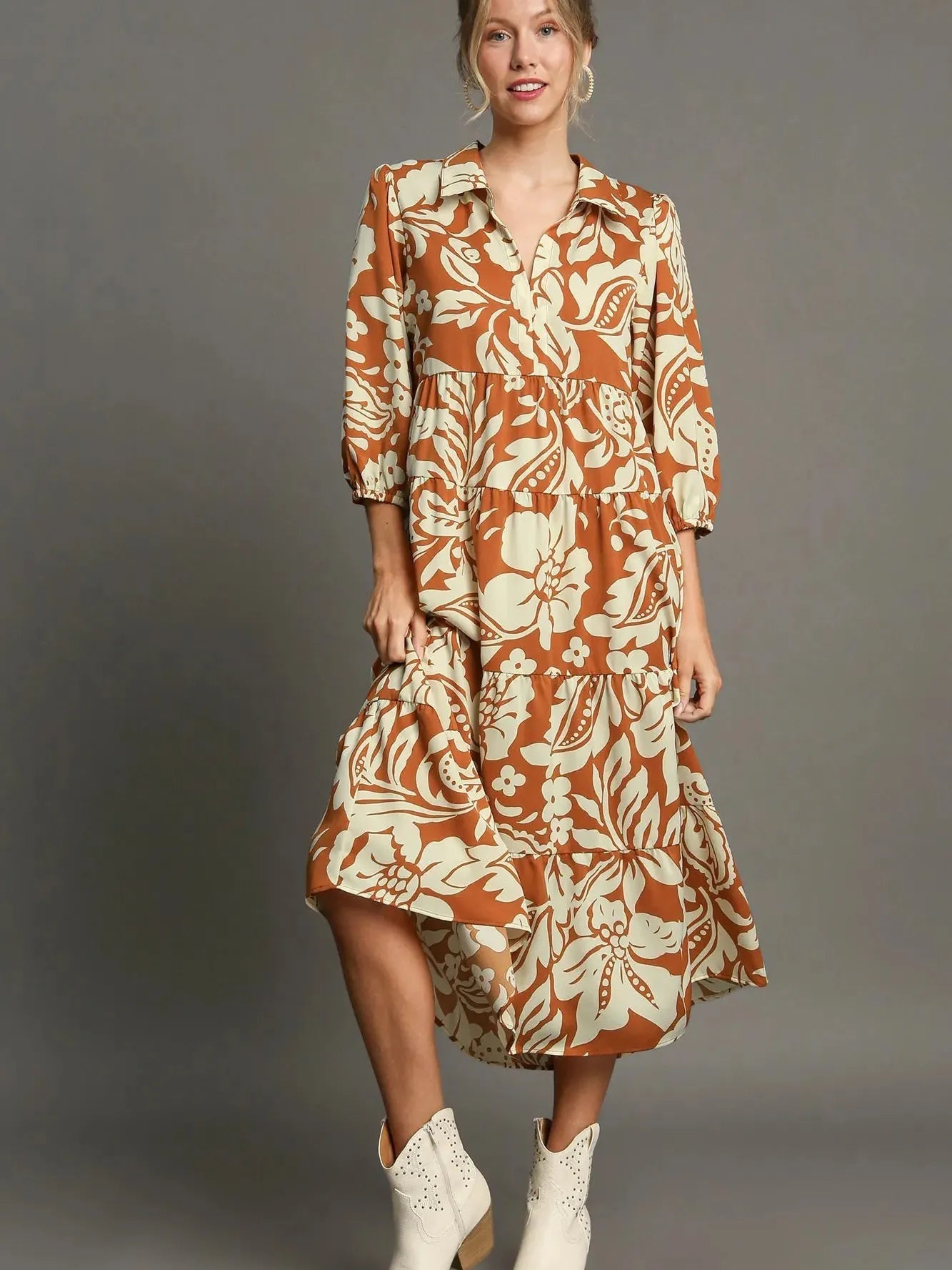 Umgee Rust Romance Tiered Long Sleeve Midi Dress-Women's Dresses-Shop Z & Joxa