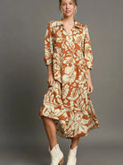 Umgee Rust Romance Tiered Long Sleeve Midi Dress-Women's Dresses-Shop Z & Joxa