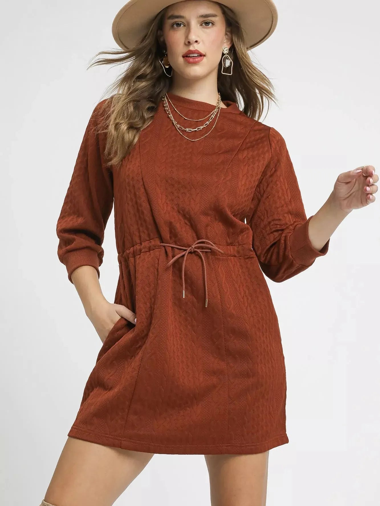 Umgee Rustworthy Cable Knit Mini Dress with Drawstring-Women's Dresses-Shop Z & Joxa