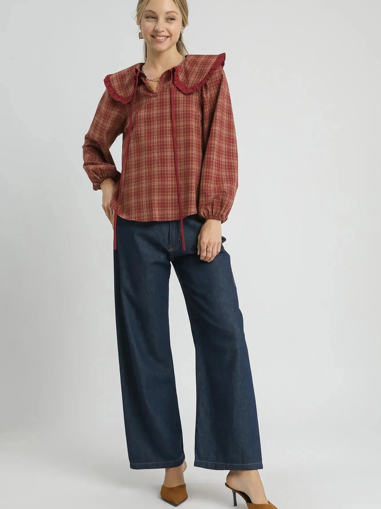 Umgee Rusty Ruffle Long Sleeve Blouse with Ruffle Collar-Women's Shirts & Tops-Shop Z & Joxa