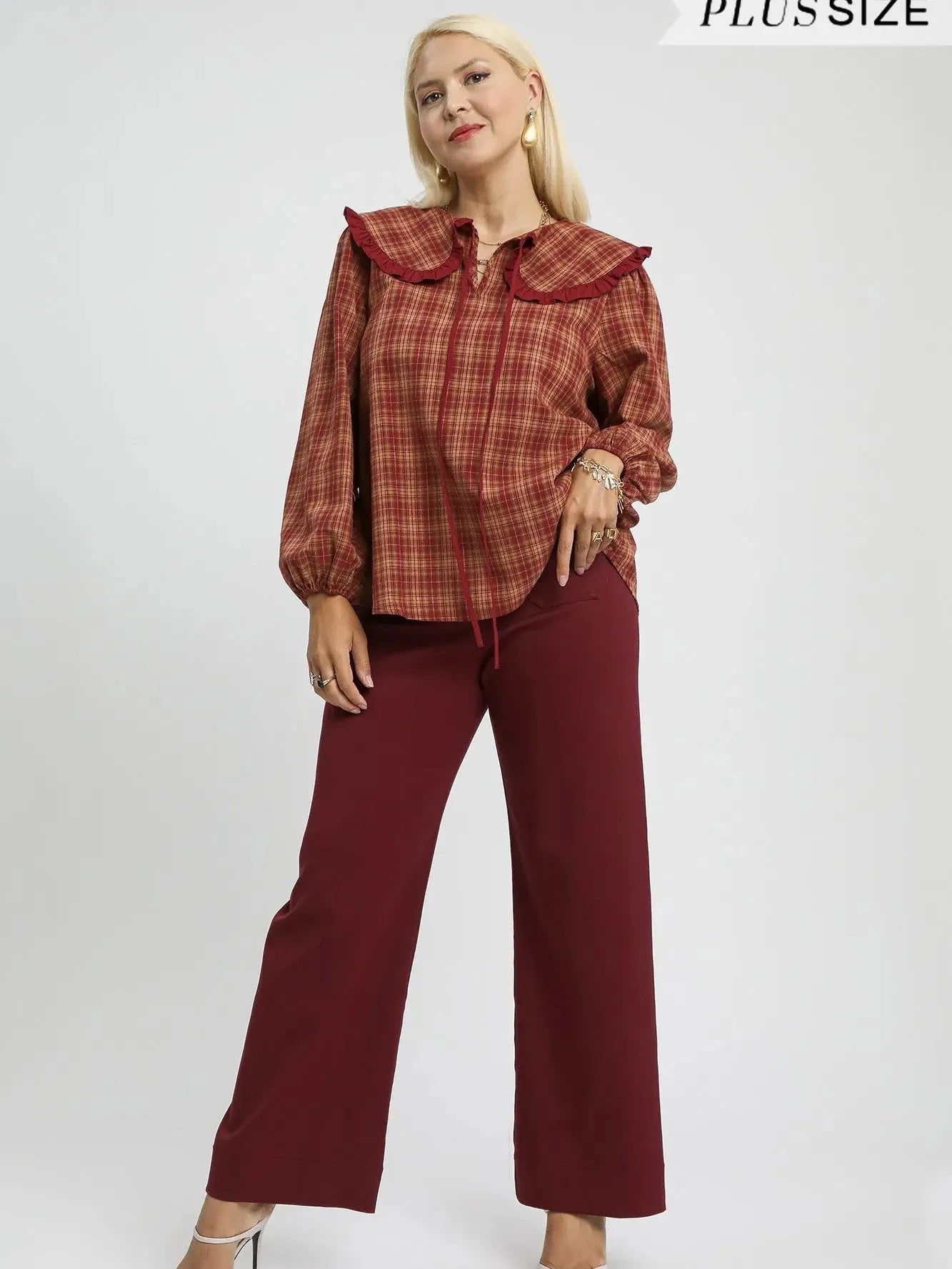 Umgee Rusty Ruffle Long Sleeve Blouse with Ruffle Collar-Women's Shirts & Tops-Shop Z & Joxa