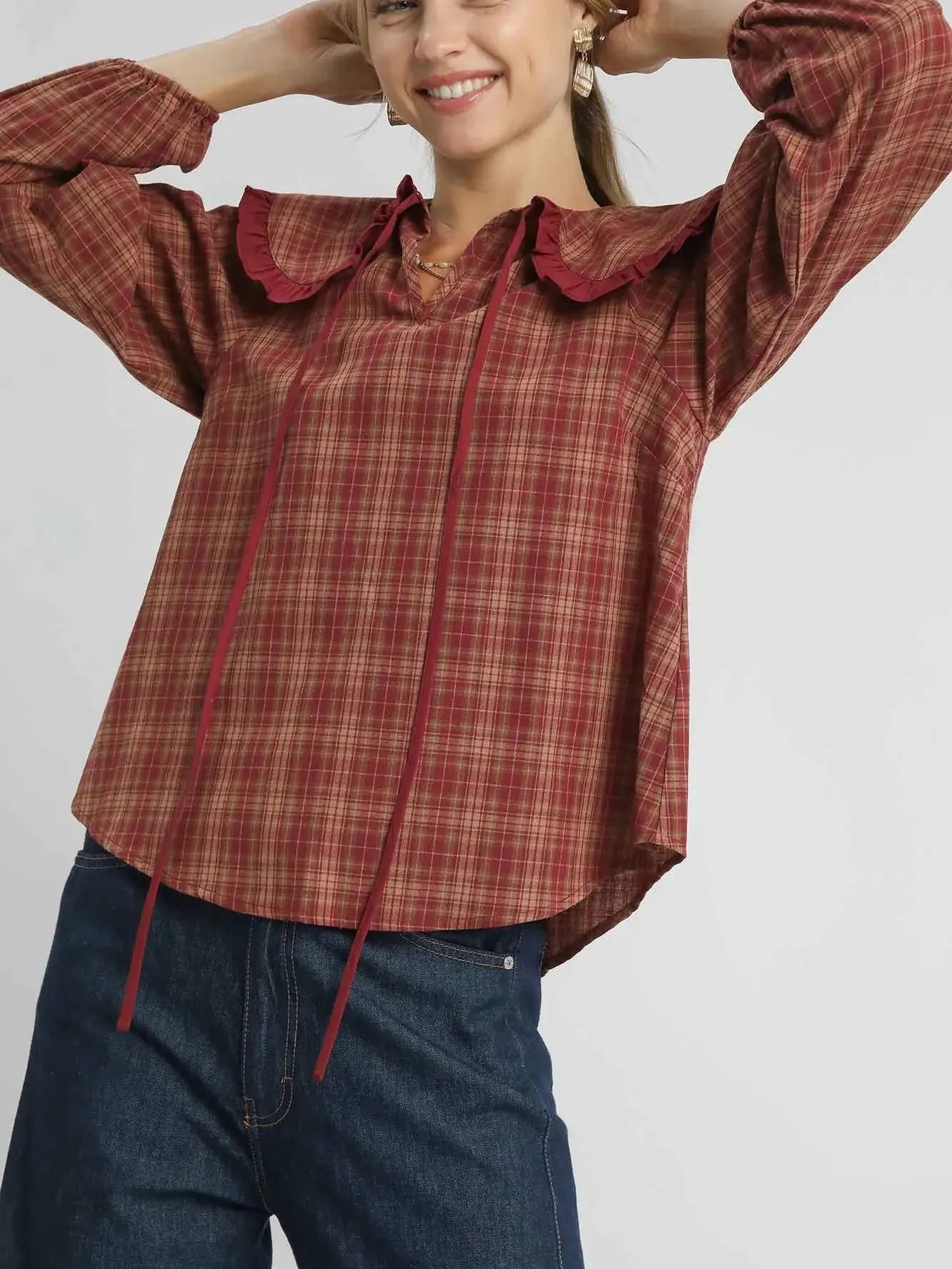 Umgee Rusty Ruffle Long Sleeve Blouse with Ruffle Collar-Women's Shirts & Tops-Shop Z & Joxa
