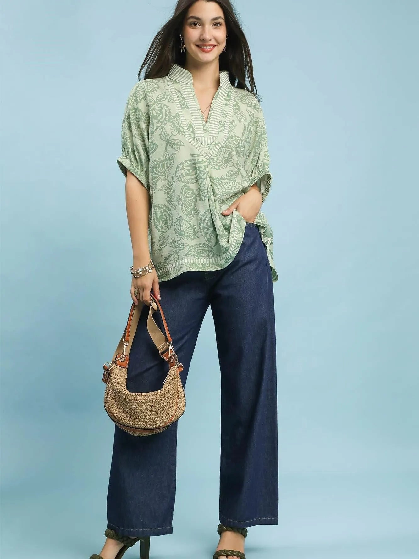 Umgee Sage Botanica Floral Top with Sage Trim-Shirts & Tops-Shop Z & Joxa