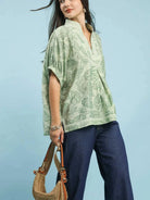 Umgee Sage Botanica Floral Top with Sage Trim-Shirts & Tops-Shop Z & Joxa