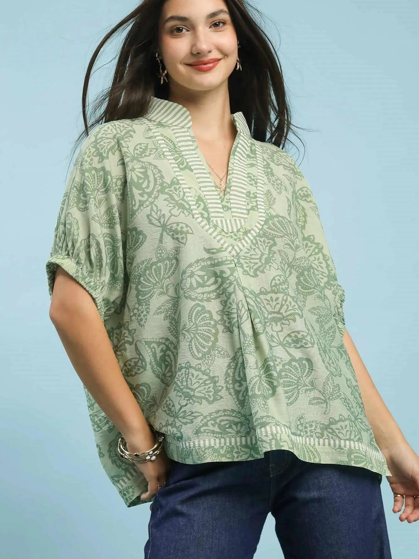 Umgee Sage Botanica Floral Top with Sage Trim-Shirts & Tops-Shop Z & Joxa