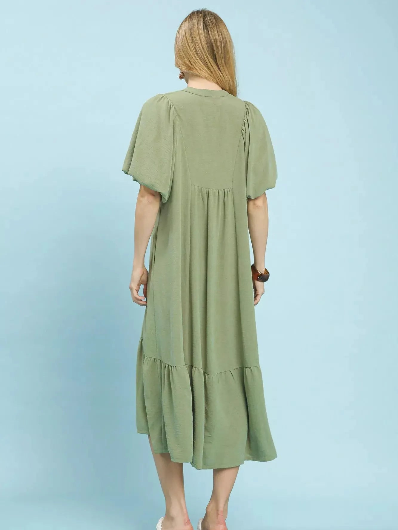 Umgee Sage & Lace Puff Sleeve Midi Dress with Lace Detail-Women's Dresses-Shop Z & Joxa