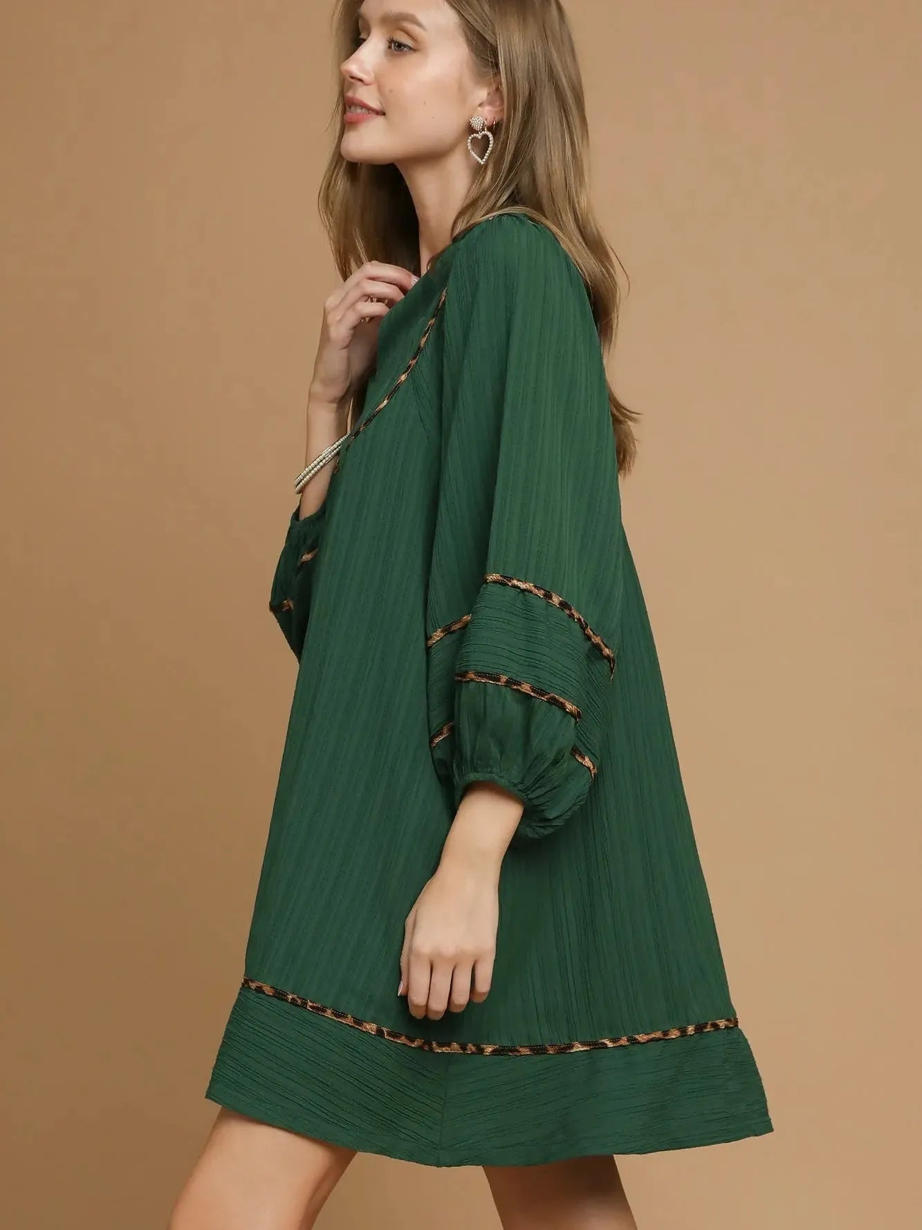 Umgee Savannah Swing Babydoll Dress with Leopard Trim Green-Women's Dresses-Shop Z & Joxa