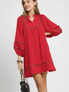 Umgee Savannah Swing Babydoll Dress with Leopard Trim Red-Women's Dresses-Shop Z & Joxa