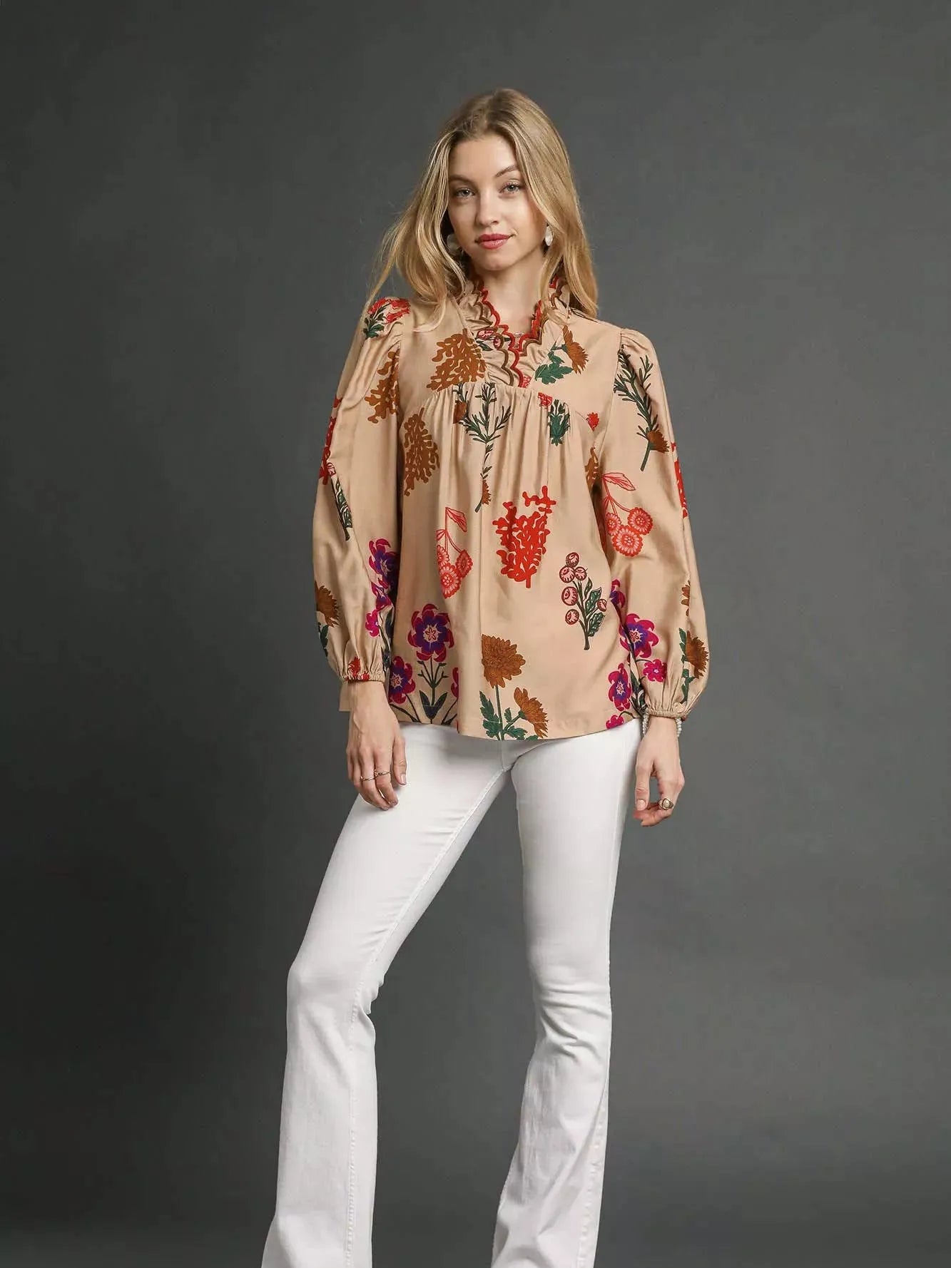 Umgee Scallop Serenade Scalloped Neckline Floral Blouse-Women's Shirts & Tops-Shop Z & Joxa
