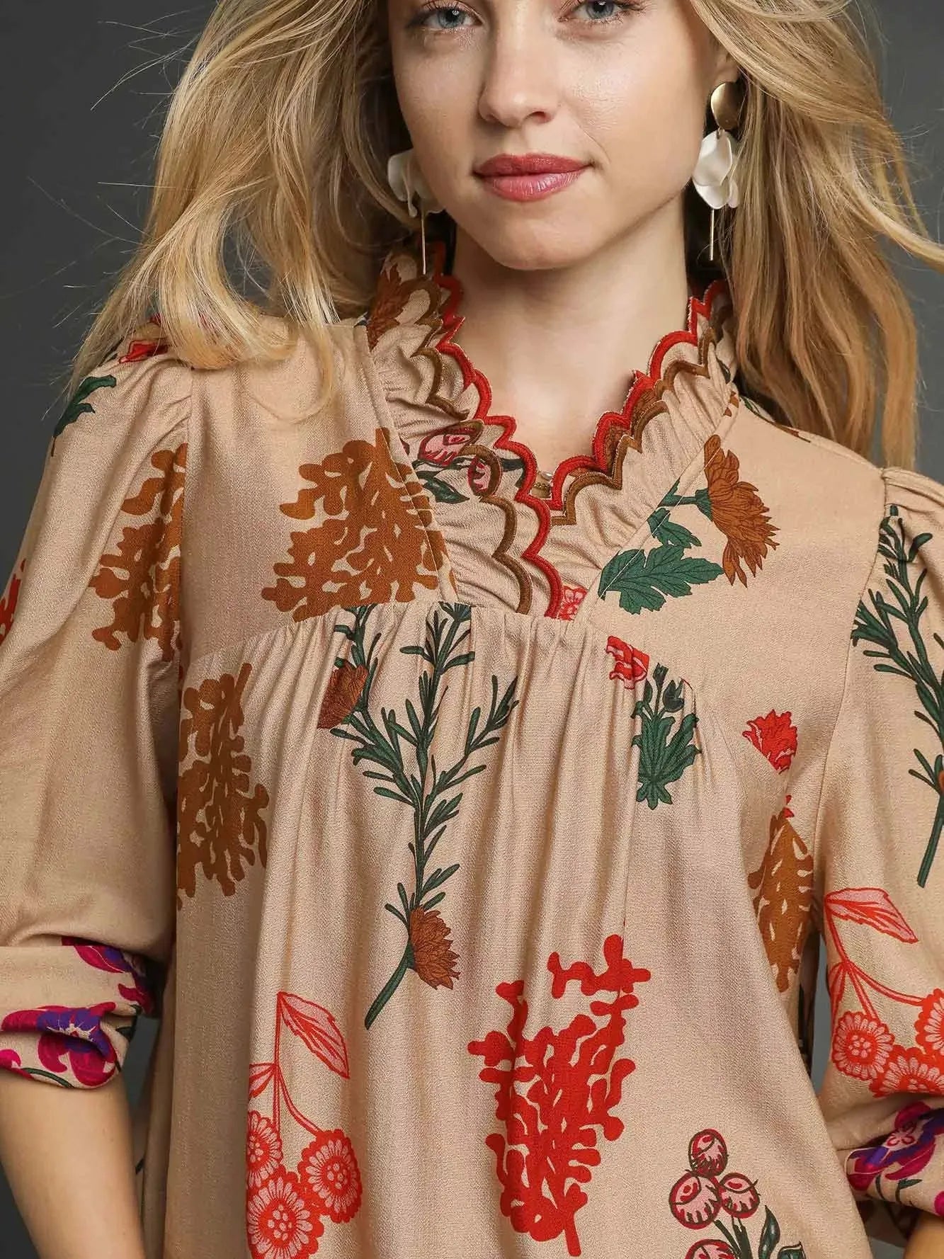 Umgee Scallop Serenade Scalloped Neckline Floral Blouse-Women's Shirts & Tops-Shop Z & Joxa