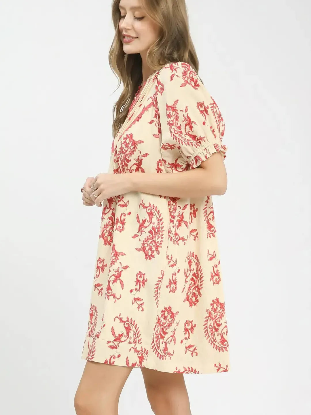 Umgee Scarlet Moonlight Paisley Scallop Trim Tiered Mini Dress-Women's Dresses-Shop Z & Joxa