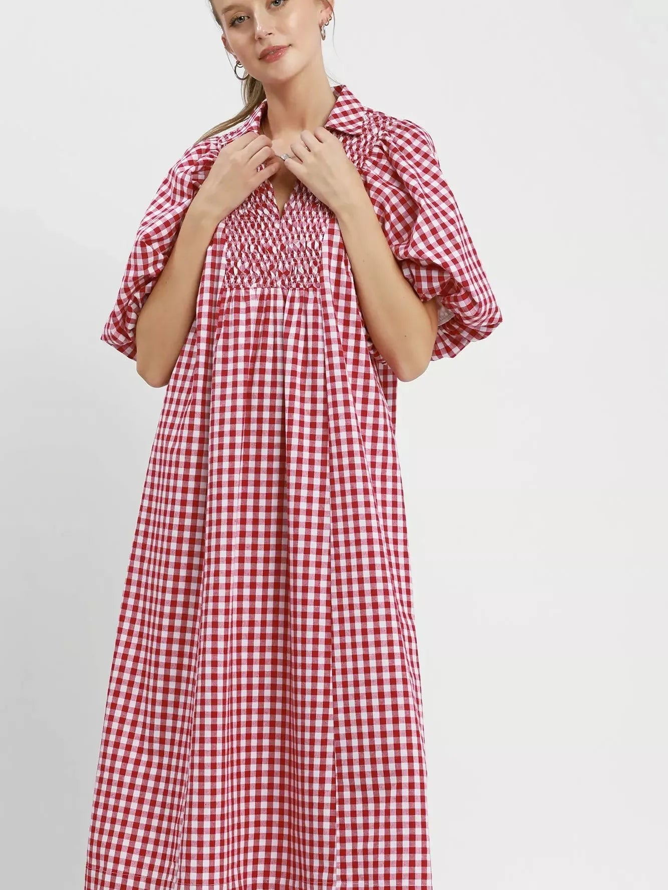 Umgee Scarlet Sunday Puff Sleeve Plaid Midi Dress-Women's Dresses-Shop Z & Joxa