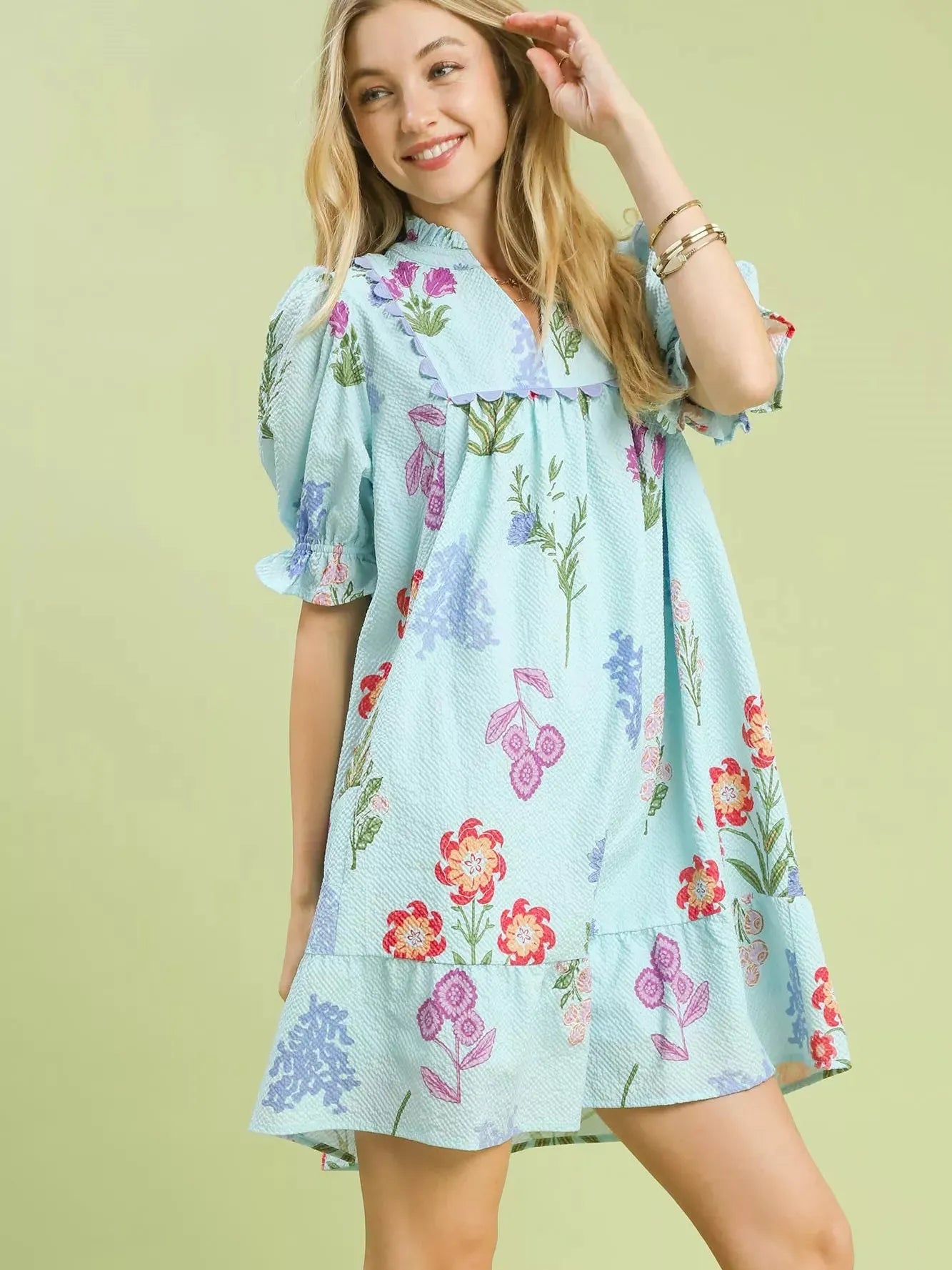 Umgee Seafoam Blooms Tiered Floral Mini Dress-Women's Dresses-Shop Z & Joxa