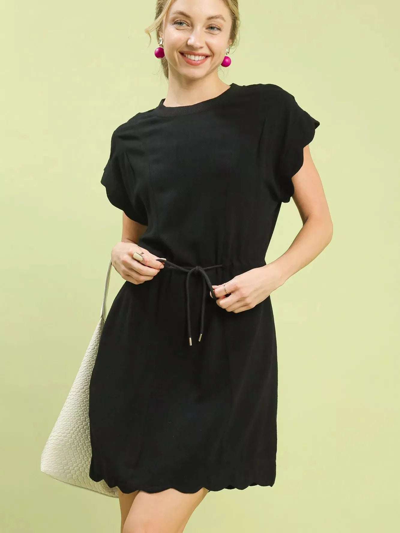 Umgee Seaside Scallop Linen Mini Dress with Scallop Hem in Black-Women's Dresses-Shop Z & Joxa