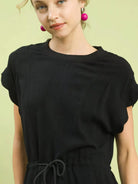 Umgee Seaside Scallop Linen Mini Dress with Scallop Hem in Black-Women's Dresses-Shop Z & Joxa