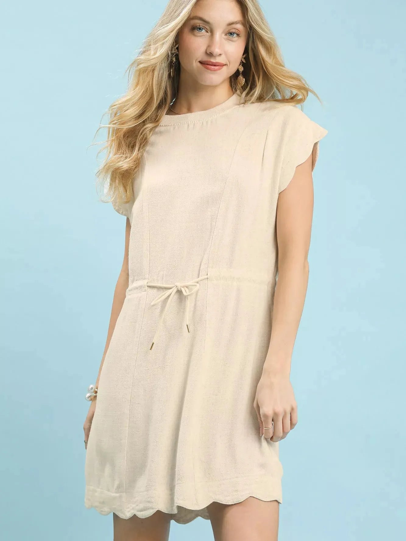 Umgee Seaside Scallop Linen Mini Dress with Scallop Hem in Oatmeal-Women's Dresses-Shop Z & Joxa