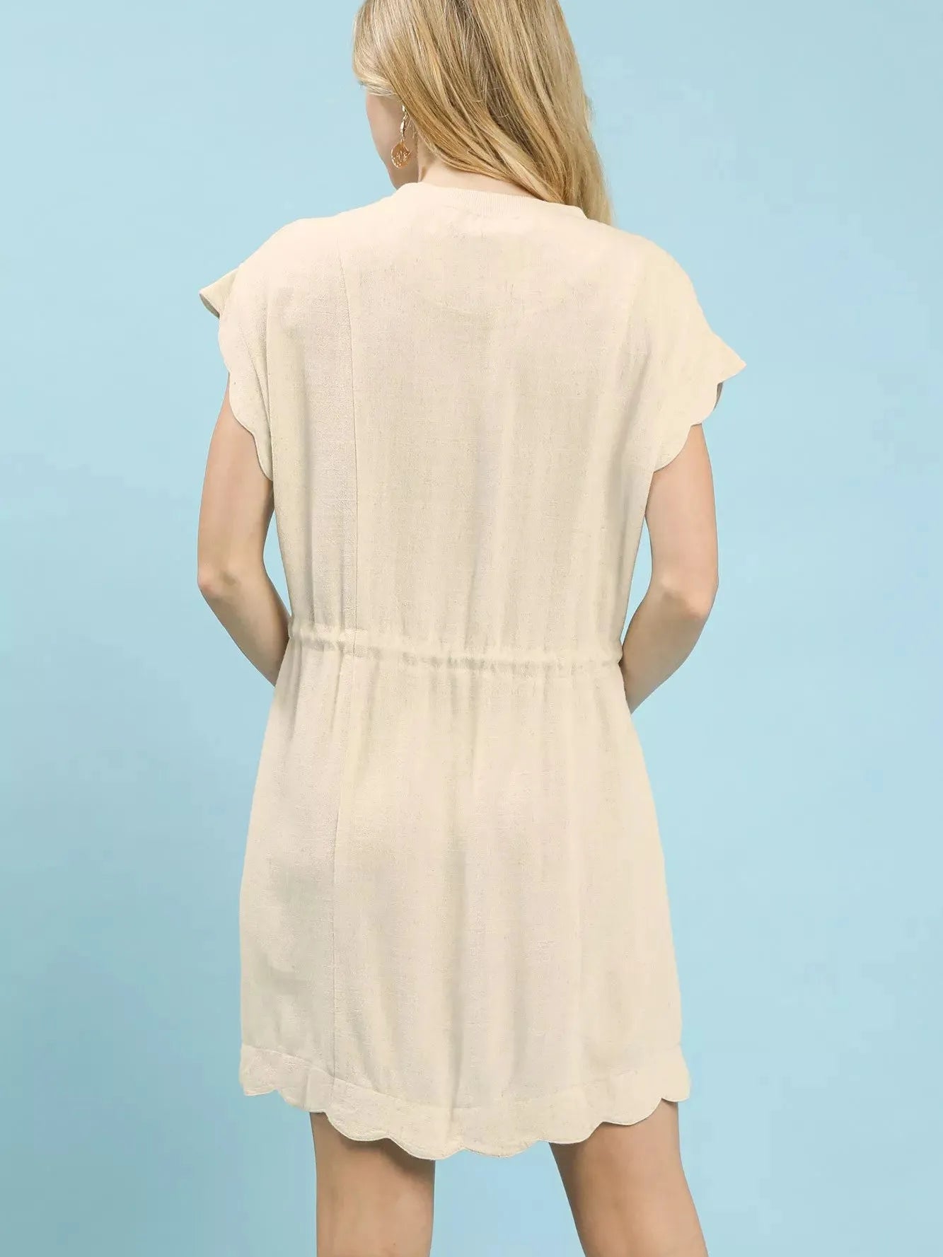 Umgee Seaside Scallop Linen Mini Dress with Scallop Hem in Oatmeal-Women's Dresses-Shop Z & Joxa