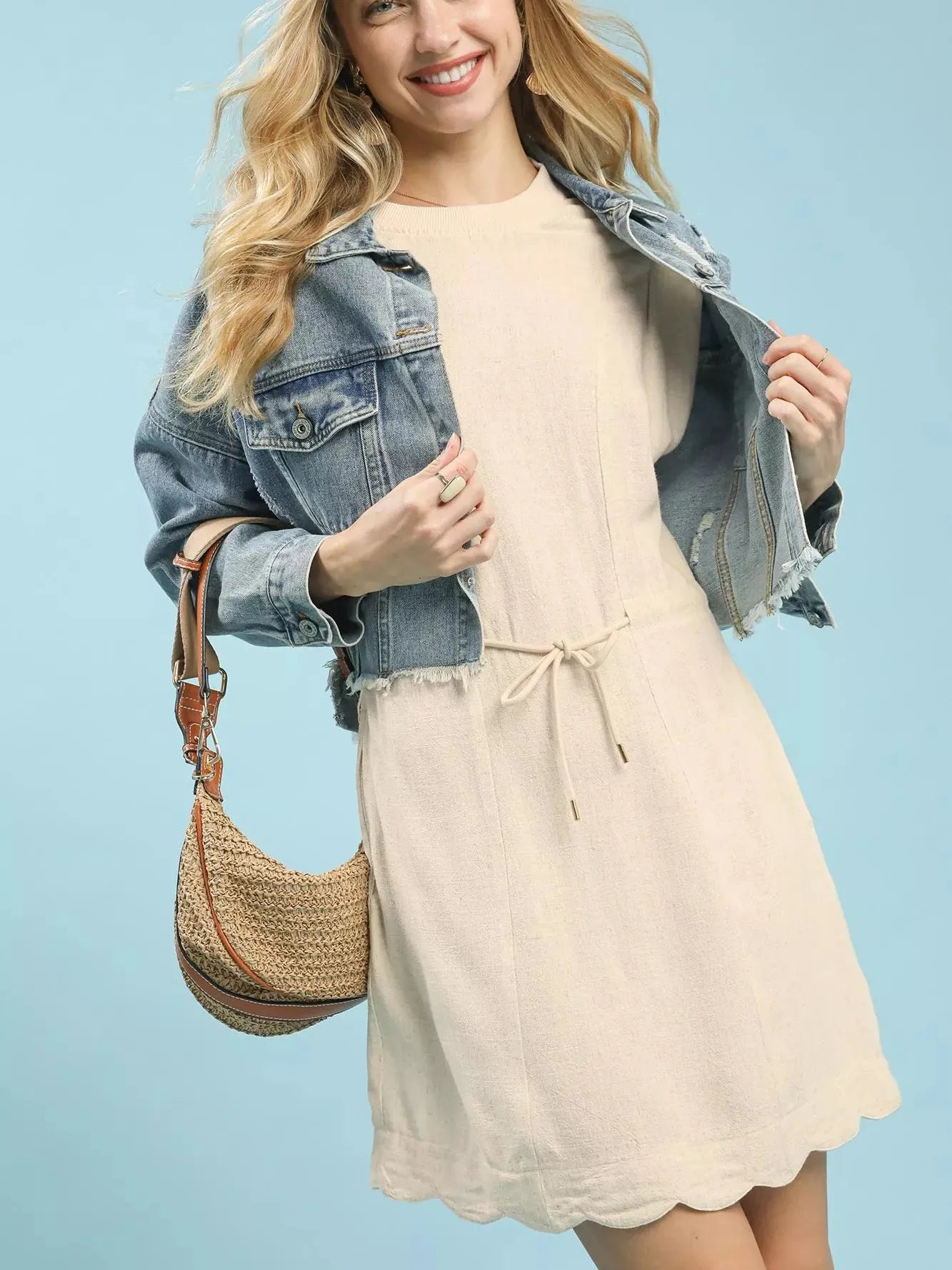 Umgee Seaside Scallop Linen Mini Dress with Scallop Hem in Oatmeal L / Oatmeal
