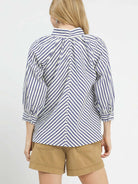 Umgee Seaside Stripes Navy Blue V-Neck Button Down Top-Women's Shirts & Tops-Shop Z & Joxa