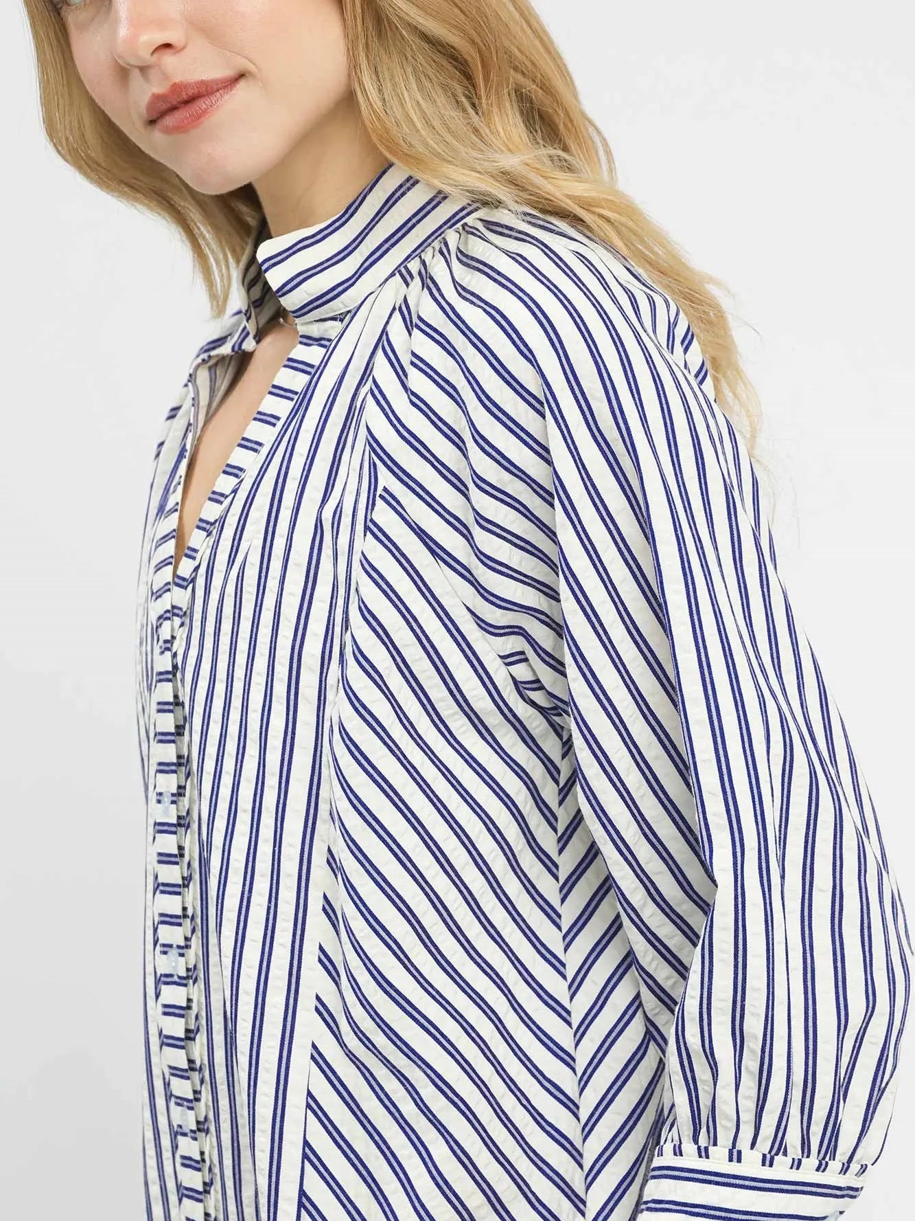 Umgee Seaside Stripes Navy Blue V-Neck Button Down Top-Women's Shirts & Tops-Shop Z & Joxa