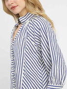 Umgee Seaside Stripes Navy Blue V-Neck Button Down Top-Women's Shirts & Tops-Shop Z & Joxa