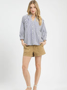 Umgee Seaside Stripes Navy Blue V-Neck Button Down Top-Women's Shirts & Tops-Shop Z & Joxa