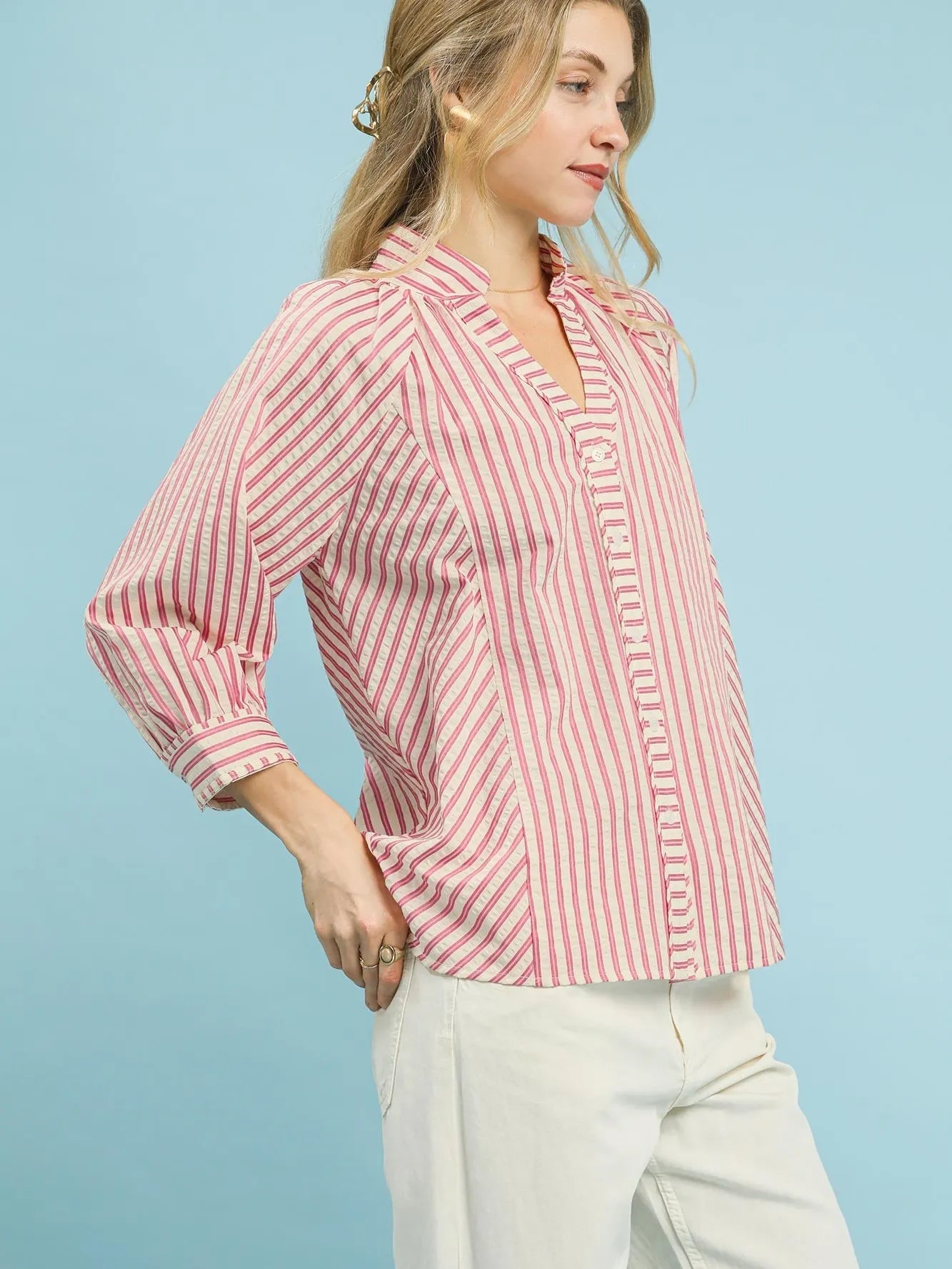Umgee Seaside Stripes Pink V-Neck Button Down Top-Women's Shirts & Tops-Shop Z & Joxa