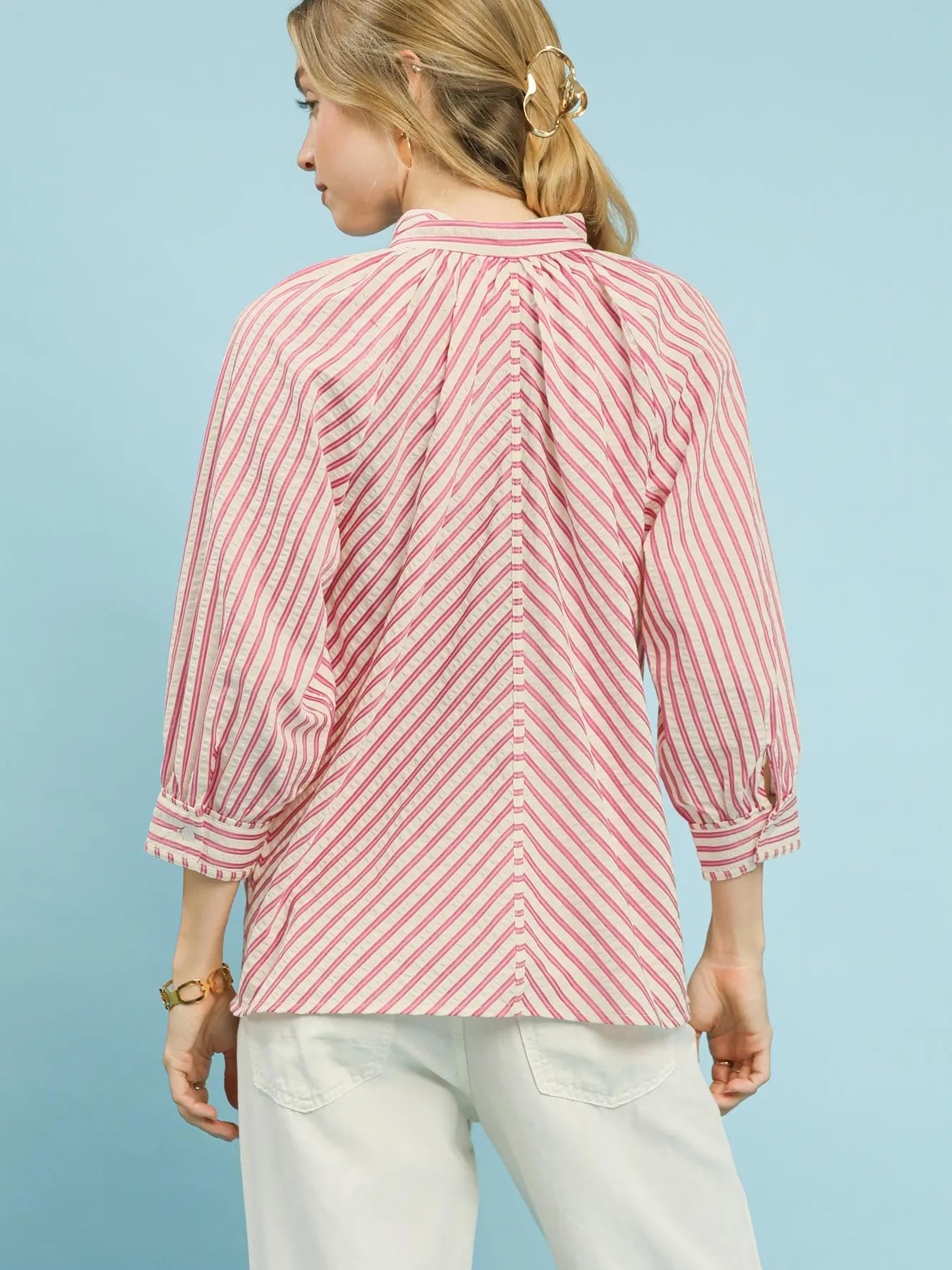 Umgee Seaside Stripes Pink V-Neck Button Down Top-Women's Shirts & Tops-Shop Z & Joxa