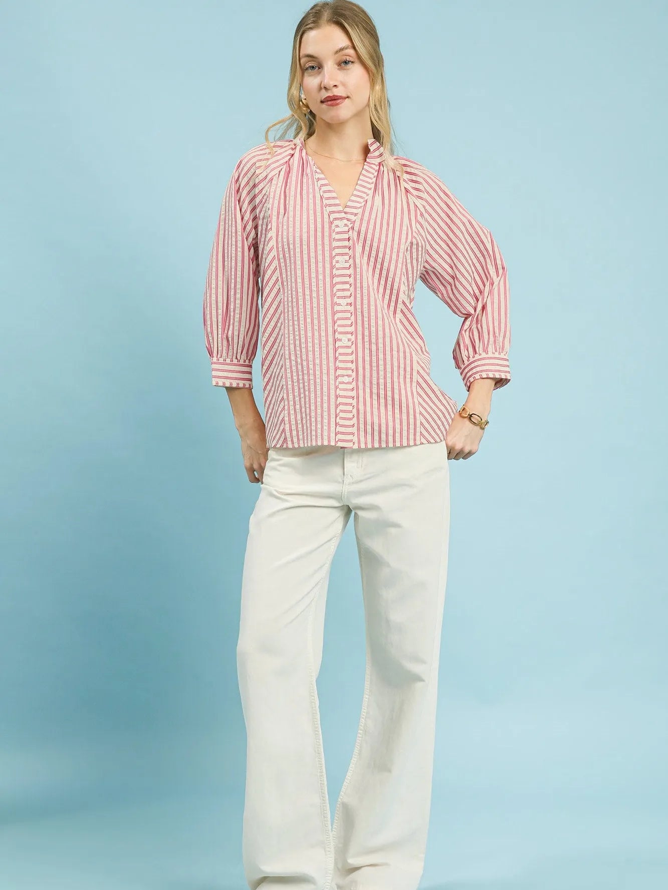 Umgee Seaside Stripes Pink V-Neck Button Down Top-Women's Shirts & Tops-Shop Z & Joxa