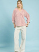 Umgee Seaside Stripes Pink V-Neck Button Down Top-Women's Shirts & Tops-Shop Z & Joxa
