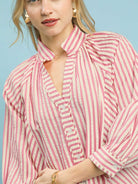 Umgee Seaside Stripes Pink V-Neck Button Down Top-Women's Shirts & Tops-Shop Z & Joxa