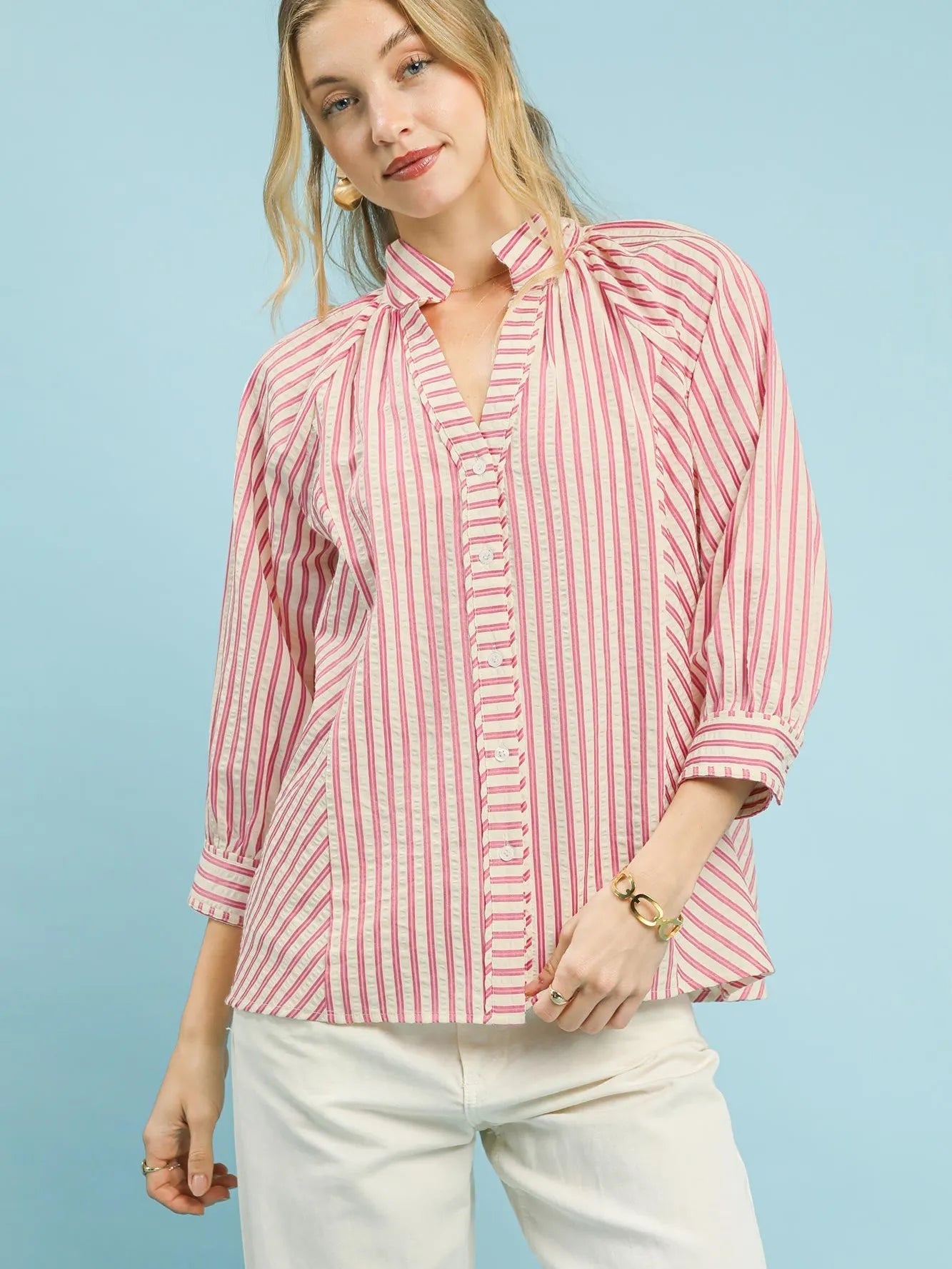 Umgee Seaside Stripes Pink V-Neck Button Down Top-Women's Shirts & Tops-Shop Z & Joxa