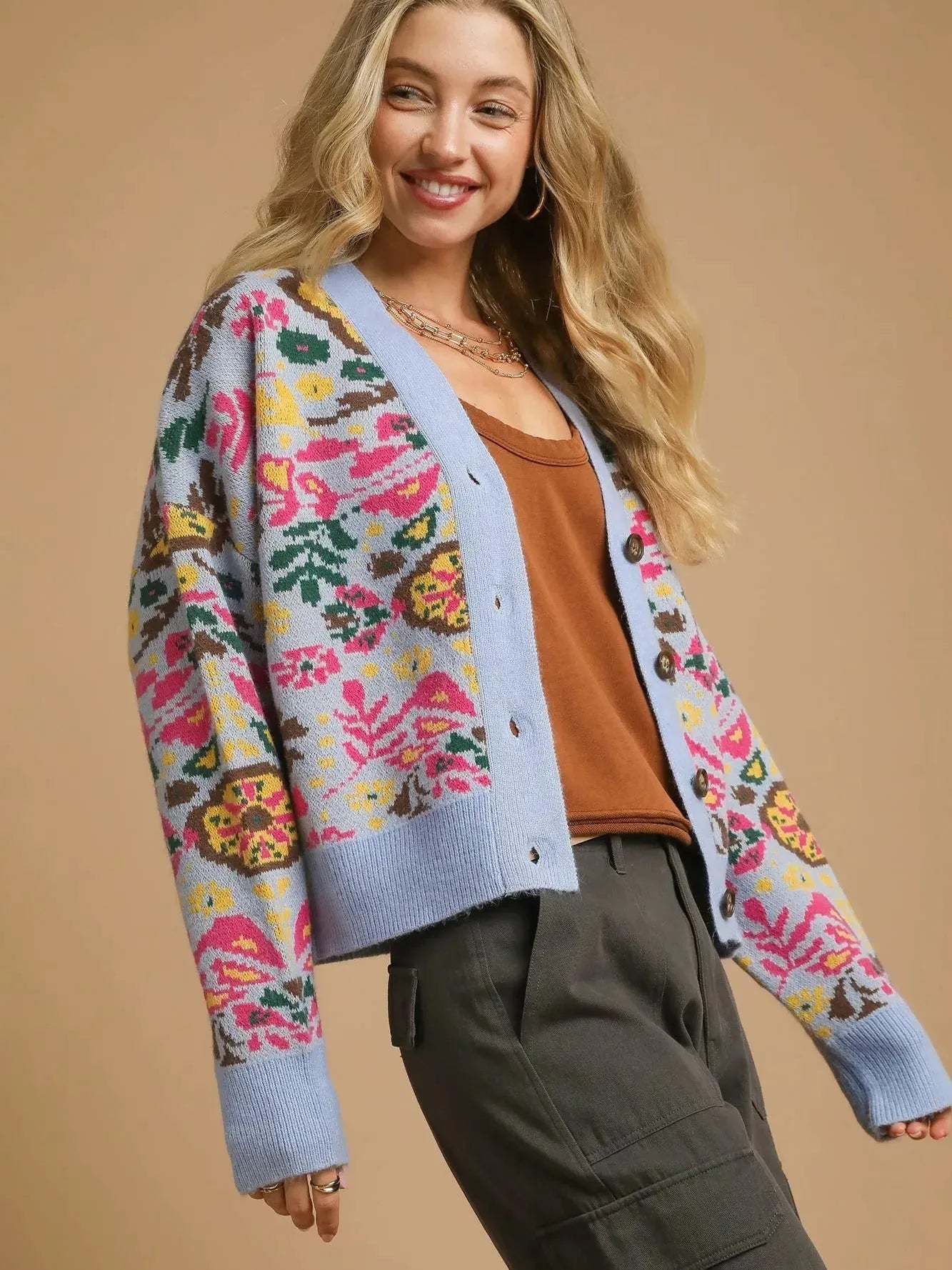 Umgee Sky Petal Floral Knit Button-Up Cardigan in Blue-Women's Shirts & Tops-Shop Z & Joxa