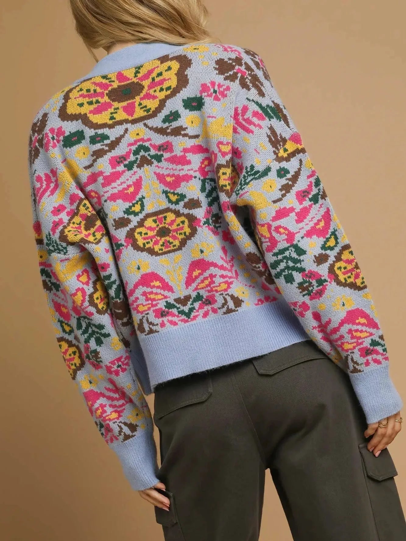 Umgee Sky Petal Floral Knit Button-Up Cardigan in Blue-Women's Shirts & Tops-Shop Z & Joxa