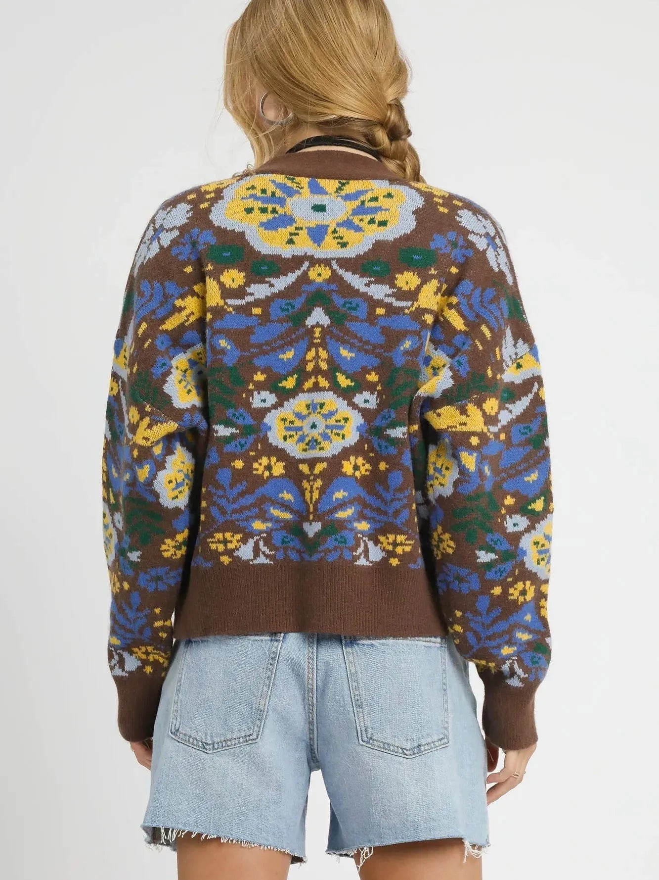 Umgee Sky Petal Floral Knit Button-Up Cardigan in Brown-Women's Shirts & Tops-Shop Z & Joxa