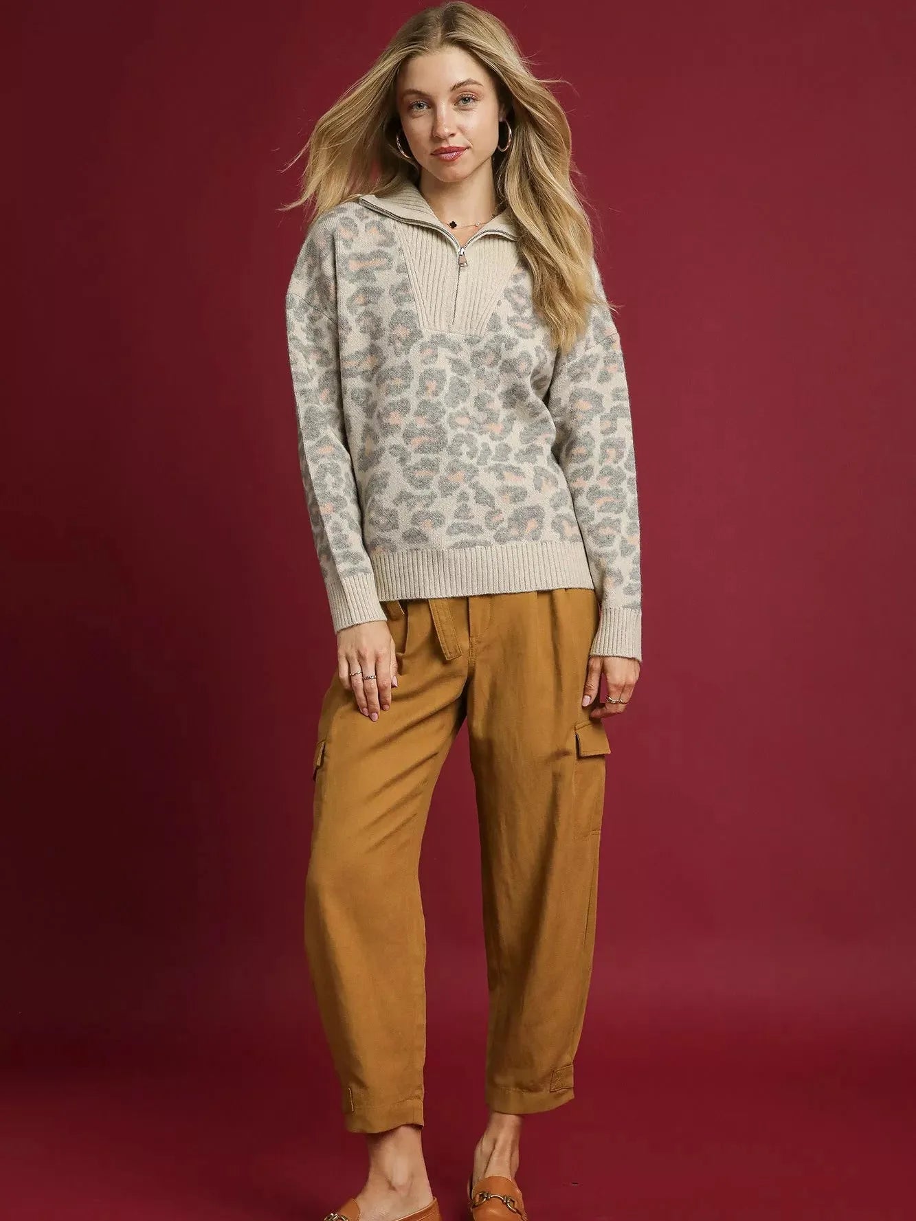 Umgee Snow Leopard Quarter-Zip Knit Sweater-Women's Shirts & Tops-Shop Z & Joxa