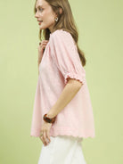 Umgee Soft Pink Textured Pintuck Short Sleeve Blouse-Women's Shirts & Tops-Shop Z & Joxa