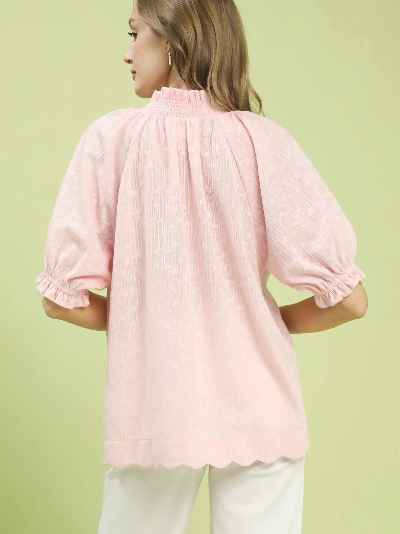Umgee Soft Pink Textured Pintuck Short Sleeve Blouse-Women's Shirts & Tops-Shop Z & Joxa