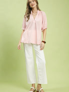 Umgee Soft Pink Textured Pintuck Short Sleeve Blouse-Women's Shirts & Tops-Shop Z & Joxa