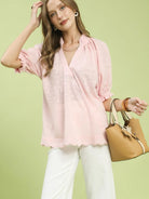 Umgee Soft Pink Textured Pintuck Short Sleeve Blouse-Women's Shirts & Tops-Shop Z & Joxa