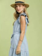 Umgee Soft Skies Chambray Ruffled Denim Mini Dress-Women's Dresses-Shop Z & Joxa