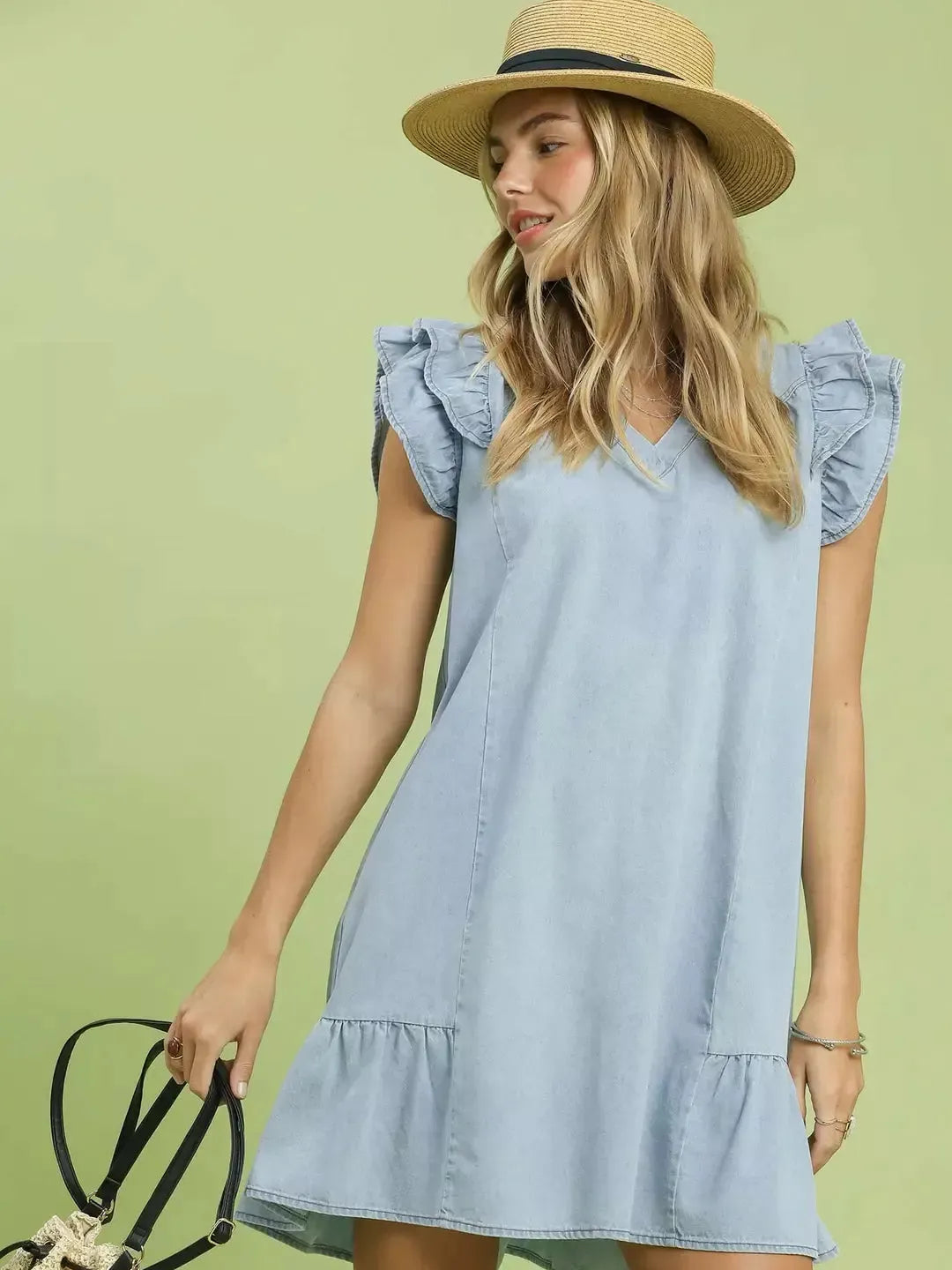 Umgee Soft Skies Chambray Ruffled Denim Mini Dress-Women's Dresses-Shop Z & Joxa