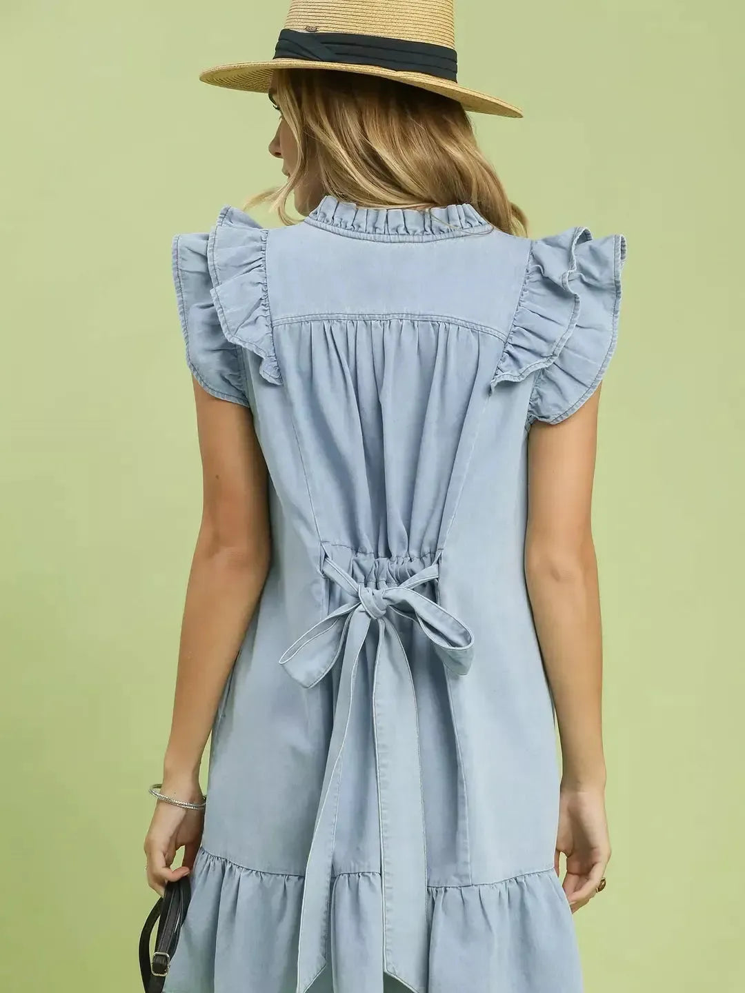 Umgee Soft Skies Chambray Ruffled Denim Mini Dress-Women's Dresses-Shop Z & Joxa