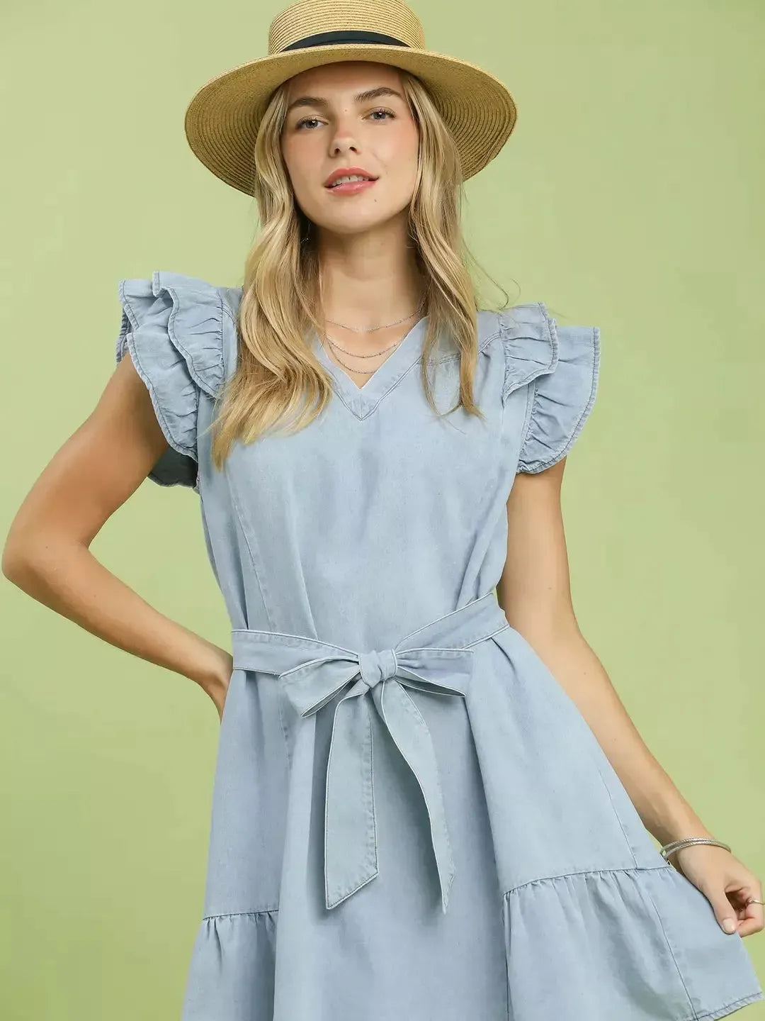Umgee Soft Skies Chambray Ruffled Denim Mini Dress-Women's Dresses-Shop Z & Joxa